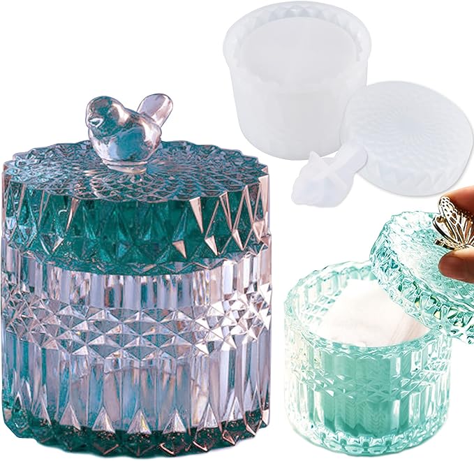Silicone Crystal Box Resin Mold with Lid and Bird Handle Shape Mold for Epoxy Resin Jewelry Storage Bottle Jar Trinket Containers Candle Holder DIY Crafts Supplies Resin Kit Home Decor Gift