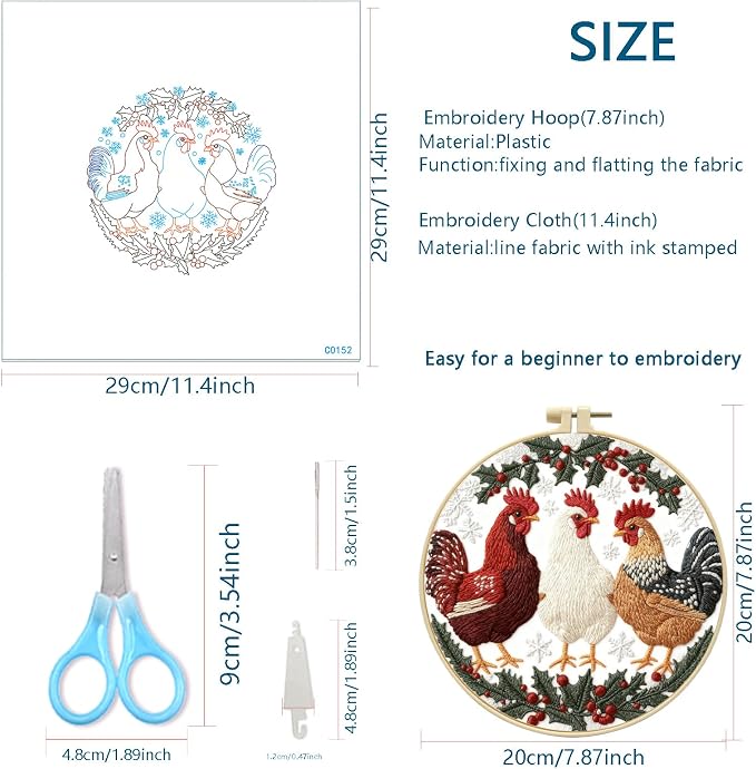 Zhenqing Winter Holly Three Chickens Embroidery Kit for Beginners, 29x29cm Hand Embroidery Set with Hoop, Thread, Printed Fabric(C0152
