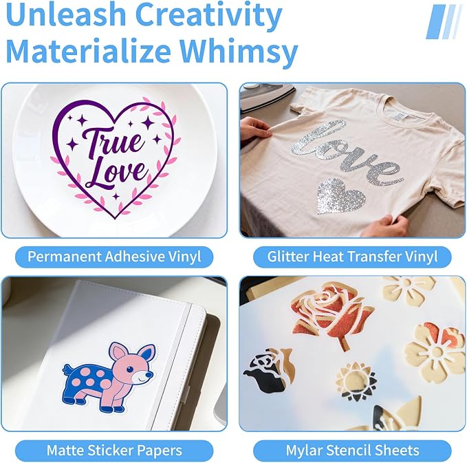 All-in-One Crafting Accessories Starter Kit — Cutting Machine Tools & Supplies Bundle with Weeding Tools, Permanent Adhesive Vinyl, Glitter HTV, Cutting Mats, Transfer Tape, Marker Pens & Stencils