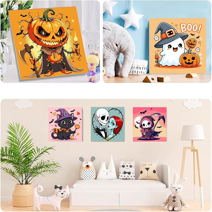 SYDYLH 6 Pcs Framed Easy Halloween Paint by Numbers for Adult/Kids 8x8in | small Ghosts Oil Painting Set for Child, mini horror paint by Number framed canvas Home Decor,Boys Girls Arts Crafts Gift