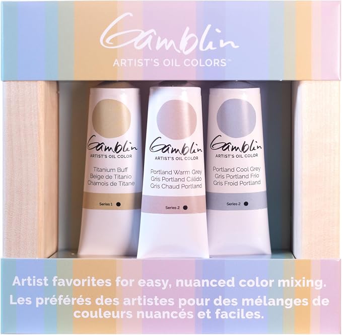 Gamblin Artist Grade Oil, Set of 37ml tubes in Portland Warm Grey, Portland Cool Grey, and Titanium Buff, in a pre-primed wood panel (101103)