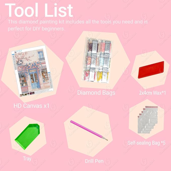 Gamteldot Bookstore Diamond Art Kits for Adults Beginner,Pink Diamond Art 5D Full Drill DIY Diamond Dot,Flower Diamond Painting with Complete Tools,Gem Art Crafts for Home Wall Decor Gift-12x16in