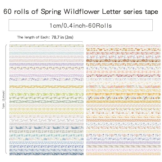 icceemee 60 Rolls Flowers Theme Washi Tape Set with Different Colorful Patterns, Writable Decorative Tapes for Scrapbooking, Junk Journal Supplies, Bullet Journaling, 0.39'' x 79'' per Roll