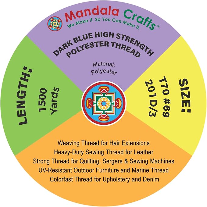 Mandala Crafts Dark Blue Tex 70 Polyester Heavy Duty Thread for Upholstery | 1500 Yds T70 UV Resistant Strong Thread for Leather Sewing, Marine, Drapery, Jeans, Hair Weaving & Extension, Outdoor