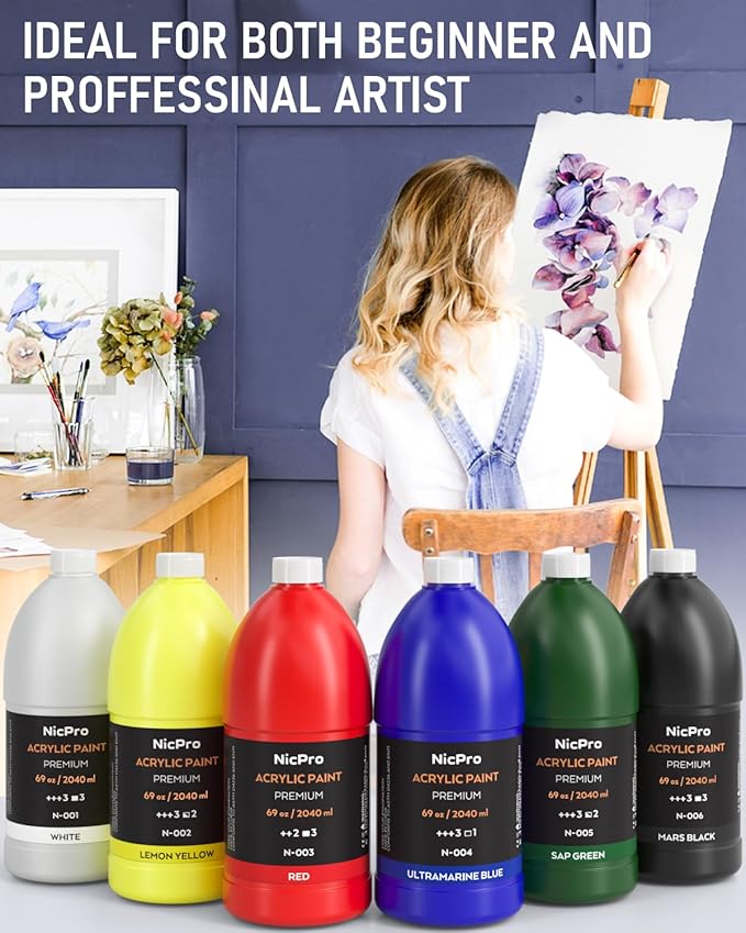Nicpro 6 Colors Bulk Acrylic Paint Set, 69oz/2040ml Art Painting Supplies