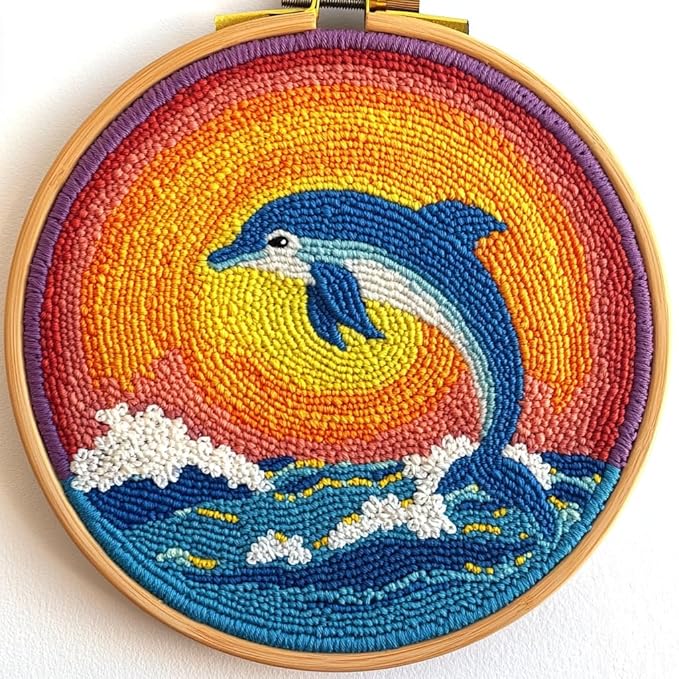 DIY Punch Needle Kits Dolphin Jumping Under Sunset with Hoop 20x20cm-1 | with Pattern Stamped Easy for Beginners Embroidery Punch Needle Starter Craft Set for Adults Festival Gift and Decoration