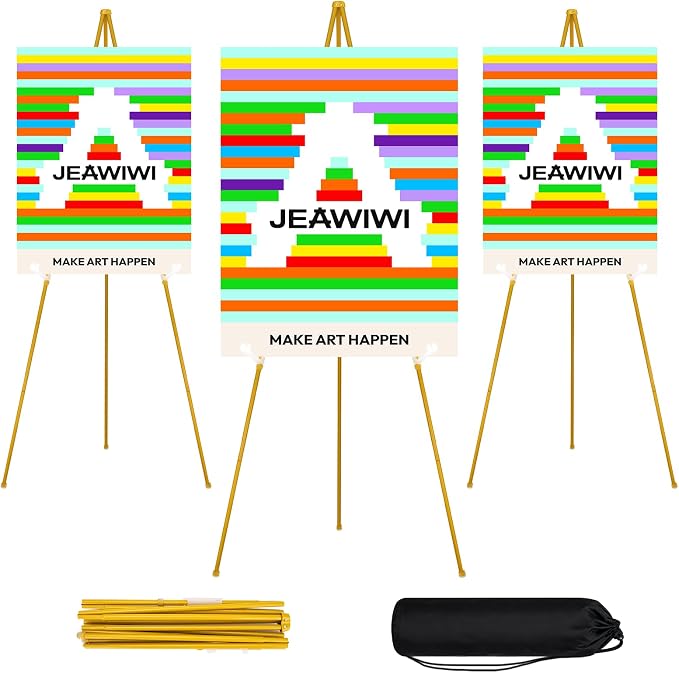 JEAWIWI 3 Pcs Lightweight Easel Stand, 66 Inch, Gold, with Portable Bags | Collapsible Folding Metal Easel with Adjustable Height, for Wedding Sign, Display Show, Arts, Poster