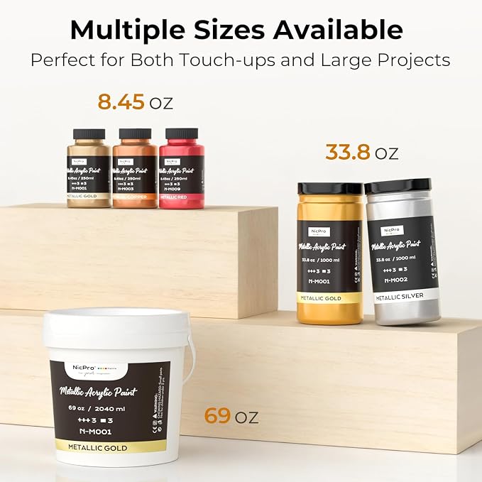 Nicpro Metallic Gold Acrylic Paint, 69oz/2040ml Large Gold Leaf Paint | Non Toxic, Non Fading Craft Paints for Metal, Wood, Clay, Fabric, Canvas, Furniture, Handcrafts, Art Supplies