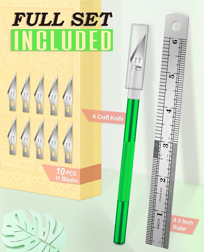 DIYSELF Craft Knife with 10 Extra #11 Blades, Precision Hobby Knife Set with Steel Ruler, Exacto Knife for Crafting, Polymer Clay, Pottery, Paper, Vinyl, Stencil & Model Making (Green) | Exacto Knife for Crafting, Hobby Knife Set for Polymer Clay, Pott...