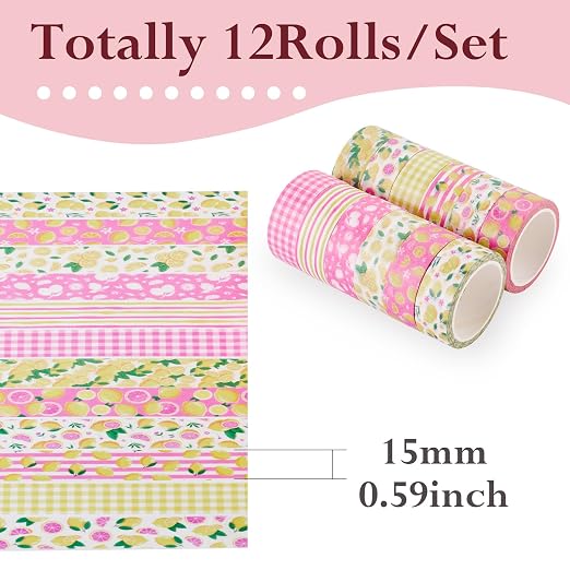 12 Rolls Lemon Washi Scrapbook Tape 15mm Pink Yellow Decorative Bible Tape Set Pack Aesthetic Colored Tapes Rolls Stickers for Crafts DIY Scrapbook Study Journaling Planner Supplies