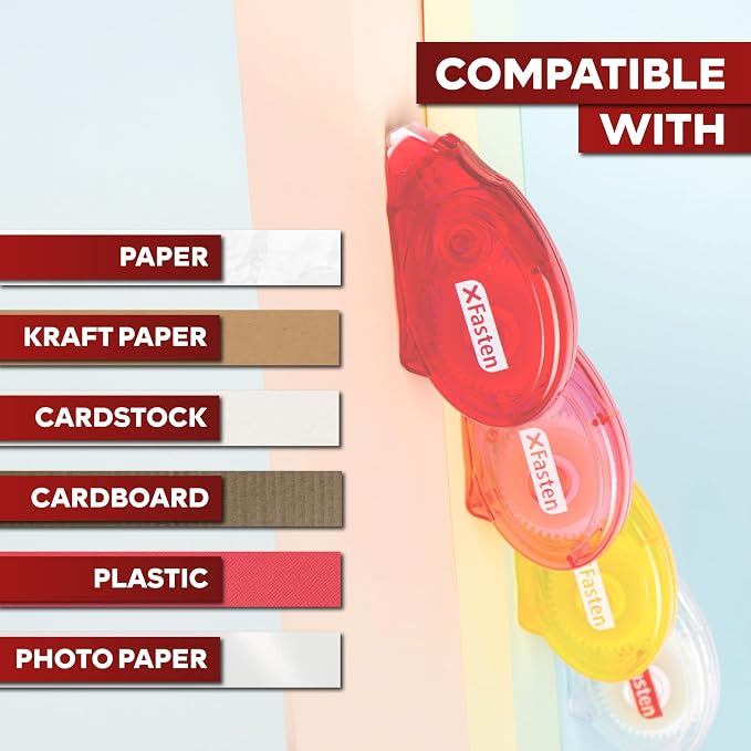 XFasten Double Sided Tape for Scrapbooking, 8mm x 30ft 4-Pack Multicolor Adhesive Tape Roller Runner, Jam-Free Craft Tape Ideal Scrapbook Album Kit