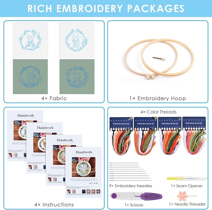 ERKOON 4 Sets Embroidery Kit, Animal Cross Stitch Set for Include Embroidery Cloth Hoops Threads for Craft Lover Hand Stitch (Rabbit)