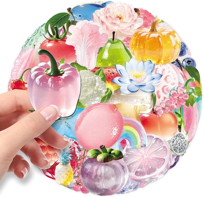 Fruit Stickers Pack 50 PCS, Jelly Aesthetic Waterproof Die-Cut Glossy Crystal Sticker Set for Water Bottles Laptop Luggage Skateboard, Scrapbook Journal Phone Case Notebook (colours-F16)