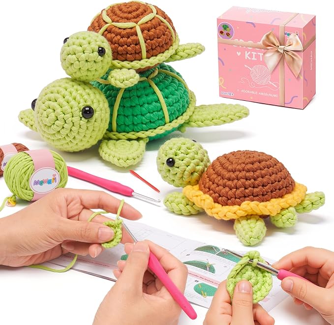 Mewaii Crochet Kit for Beginners, 3 Pack Sea Turtles Craft Set | 40% Extra Yarn, Video Tutorial, Pre-Started Piece, Beginner Friendly, Family Craft Gift for Adults & Kids