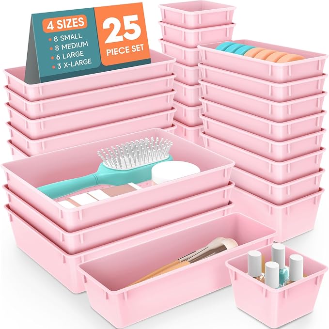 25 PCS Plastic Drawer Organizer Set, Makeup Organizers and Storage Bins | 4 Sizes Desk Drawer Divider Organizers and Storage Bins for Jewelry, Gadgets for Kitchen, Bedroom, Bathroom, Office, Pink