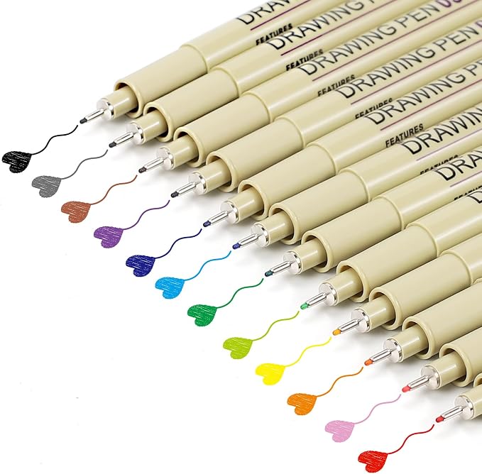 Muchcute 05 Micro Fineliner Drawing Art Pen,12 Colors 0.45mm No Bleed Bible | Waterproof Colored Fine liner Smooth Extra Fine Point, Journal Zentangle Study Supplies, Ultra Line Needle Tip Thin Gel Felt