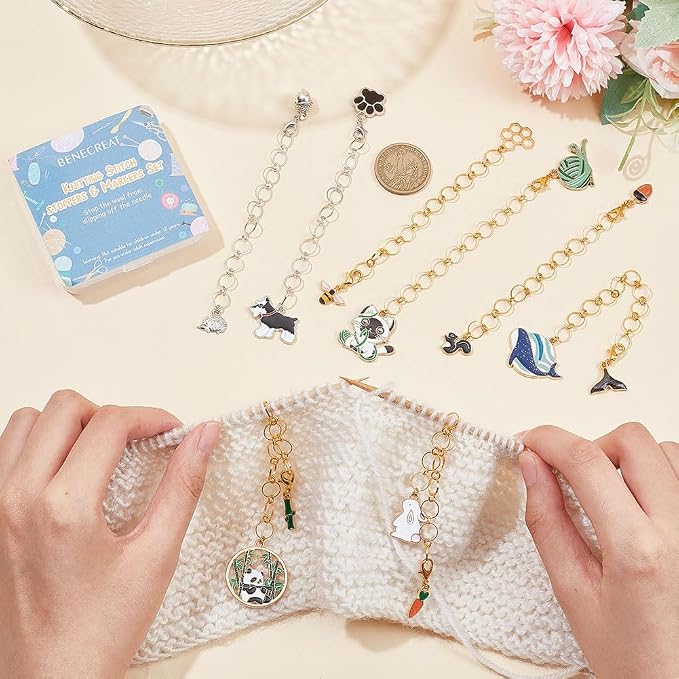 BENECREAT 8Pcs Animal Theme Alloy Enamel Panda/Bees/Dog Pendant Knitting Row Counter Chain, Gold and Silver Color Row Counter for Knitting Weaving Sewing Accessories, 5.5inch Long