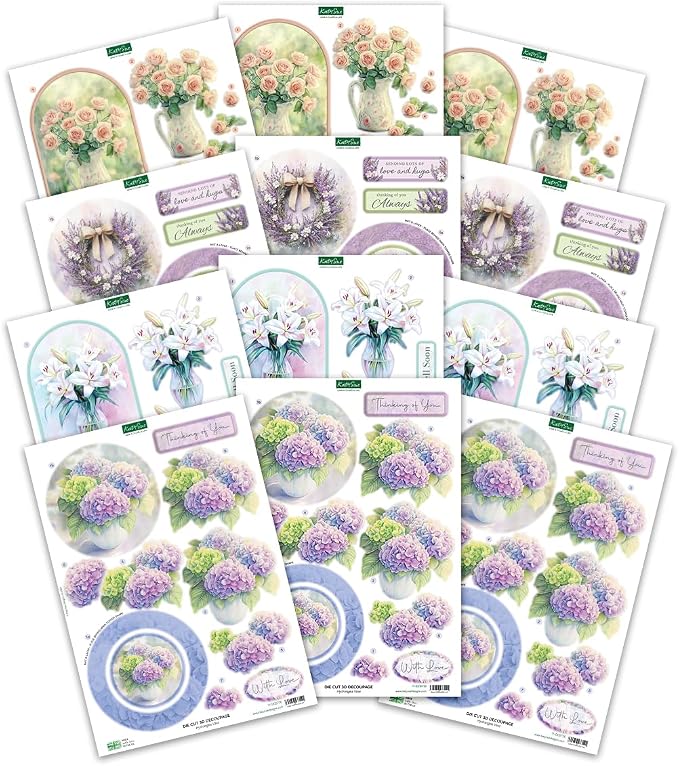 Katy Sue Designs Thinking of You 3D Die Cut Decoupage Collection for Card Making Supplies. Contains 12 Sheets of Katy Sue Die Cut Decoupage Featuring Lavender, Lillies, Hydrangea, and Roses