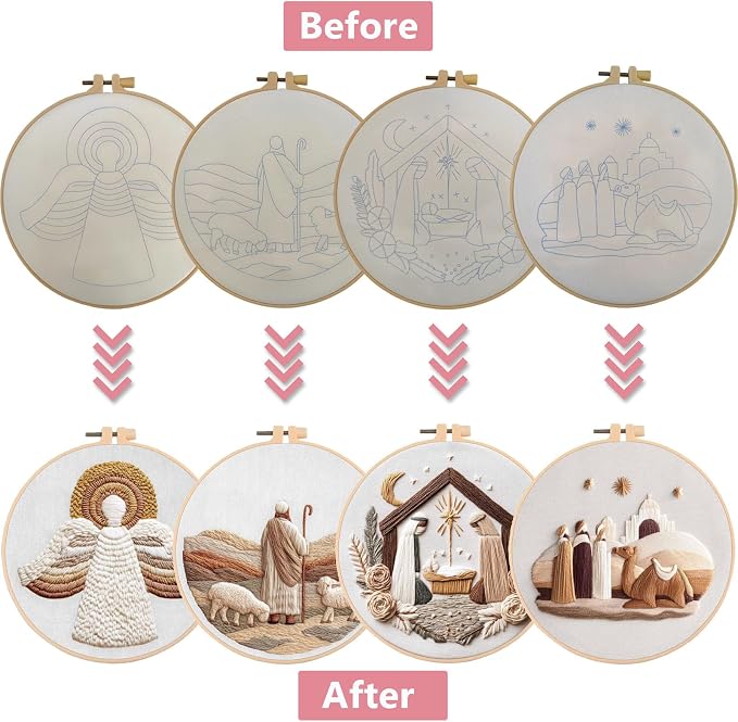 Nativity Embroidery Kit for Adults, Pre-Stamped Pattern Embroidery Kit for Beginners, Needlepoint Kit with Hoop Thread Needle Instruction, 7.9'' Hoop (Nativity 4 Packs)