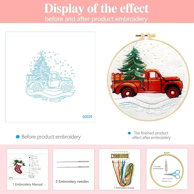 Zhenqing Christmas Red Truck Embroidery Kit for Beginners, Tree and Gifts Needlework Kit with Pre-Printed Fabric, Hoop, Threads & Tools (C0029)