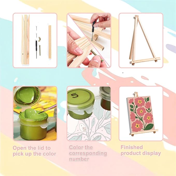 4 Pack Flower Paint by Numbers for Adults with Framed Canvas - Wooden Easel | Easy Flower Paint by Number for Beginners, Flowers Acrylic Oil Painting on Canvas with Brushes for Home Wall Decor 8x12 inch