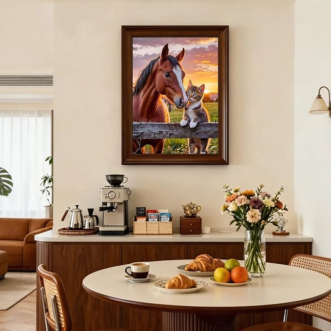 5D Horse and Tabby Kitten Diamond Art kits for Adults Beginners 12x16inch | Sunset Farm Diamond Painting Kit DIY Full Round Drill Paint by Diamonds Dot Gem Art for Adult, Home Wall Decor