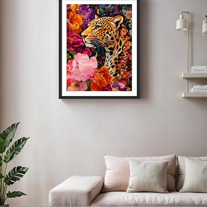PINFFSHU 5D Diamond Art Kit for Adults & Beginners - Leopard amidst Colorful Flowers - Full Drill Animal Gem Painting, DIY Diamond Painting Craft for Home Wall Decor & Gifts, 12x16 inch (30x40cm)