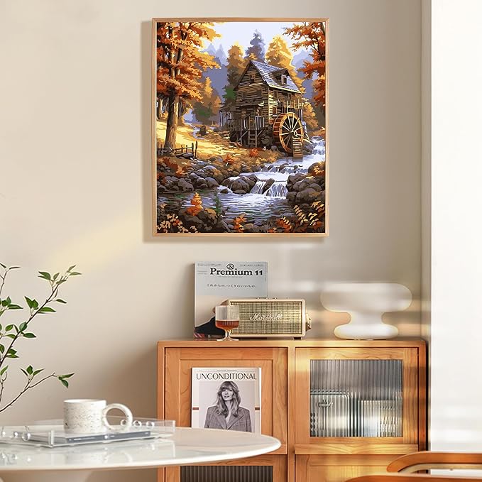 Fountor Fall Landscape Paint by Numbers Kit for Adults Beginner 16x20 Inch | DIY Acrylic Painting by Numbers Cabin in the Forest, Stream, Without Frame Canvas, Stress Relief Craft Kits, Home Decor Gift