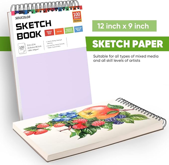 Soucolor 9x12 Sketch Book 2-Pack, 100 Sheets, Acid-Free, Spiral Bound | 68lb acid-free paper, micro-perforated pages, lay-flat spiral binding, great for kids, students& artists. Blue& purple 2-pack