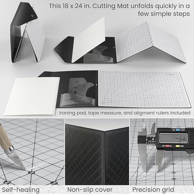 ARTEZA Fold & Stow Multifunctional Cutting Mat Set, 18x24 Inch, Self-Healing, Anti-Slip, with Detachable Ironing Pad, T-Shirt Alignment Rulers, and Tape Measure