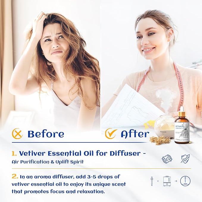 HIQILI Vetiver Essential Oil for Diffuser, Massage, Skin Care