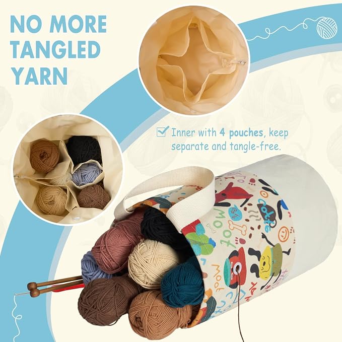 Yarn Bag, Small Crochet Bag Organizer, Drawstring Yarn Storage Knitting Bags, Portable Mini Yarn Holder for Crocheting Project, Store Skein Ball, Needles Accessories (Colorful Dogs, Large)