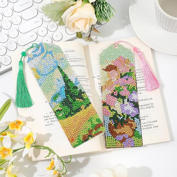 icceemee 4 pcs Oil Painting Themes Diamond Painting Bookmarks, DIY Diamond Art Kits for Adults, Book Corner - Protecting Bookmark Craft Supplies Kits for Book Lovers