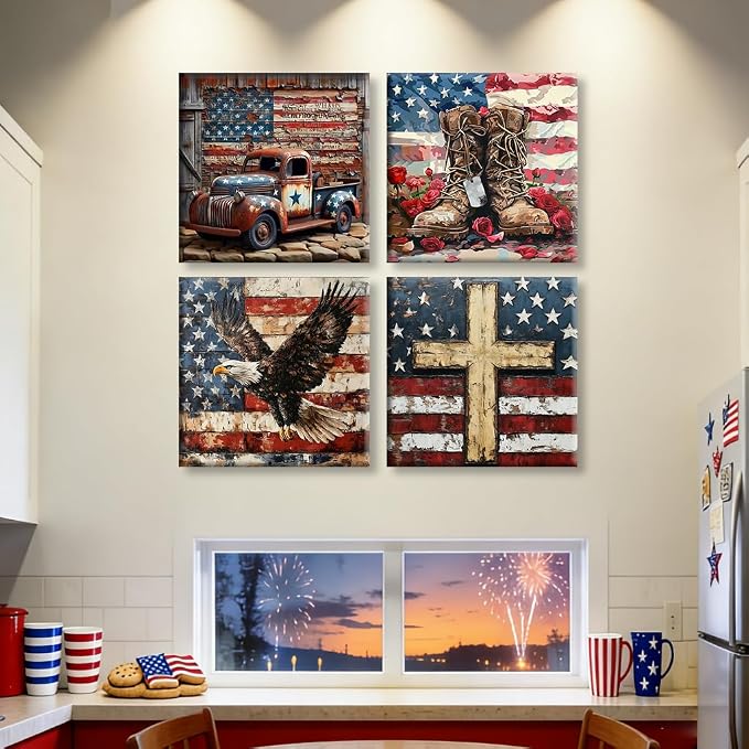 4 Pack Independence Day Paint by Numbers Kit for Adults Beginners Framed - DIY 4 of July Patriotic Adults Paint by Numbers Kits on Canvas, Small Easy Acrylic Oil Painting for Wall Decor (8 x 8 Inch)