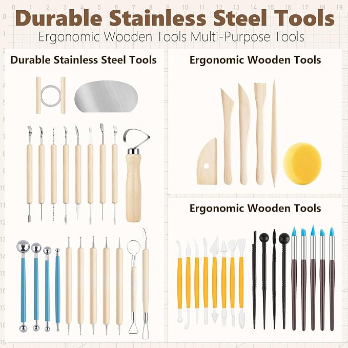 UUSYCUN 48PCS Pottery Tools for Sculpting, Clay Tool Kit for Carving, Modeling Ceramics, Pottery Kiln, Polymer Clay Tools for Trimming, Beginners, Pros, Adults, Supplies