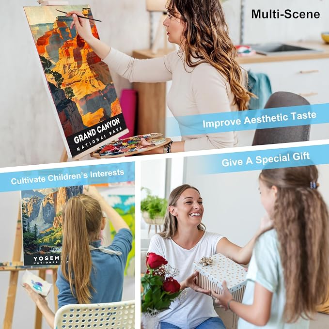 4 Pack Framed Paint by Numbers Kit for Adults with Wooden Easel, 8x12 Inch | National Parks, Easy DIY Acrylic Canvas Craft Kit with Frame for Beginners, Home Decor, Stress Relief Relaxing Hobby Gift