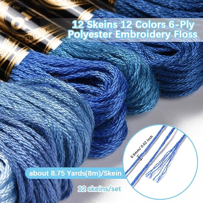 12 Skeins 105 Yards Blue Embroidery Thread for Jewelry Making