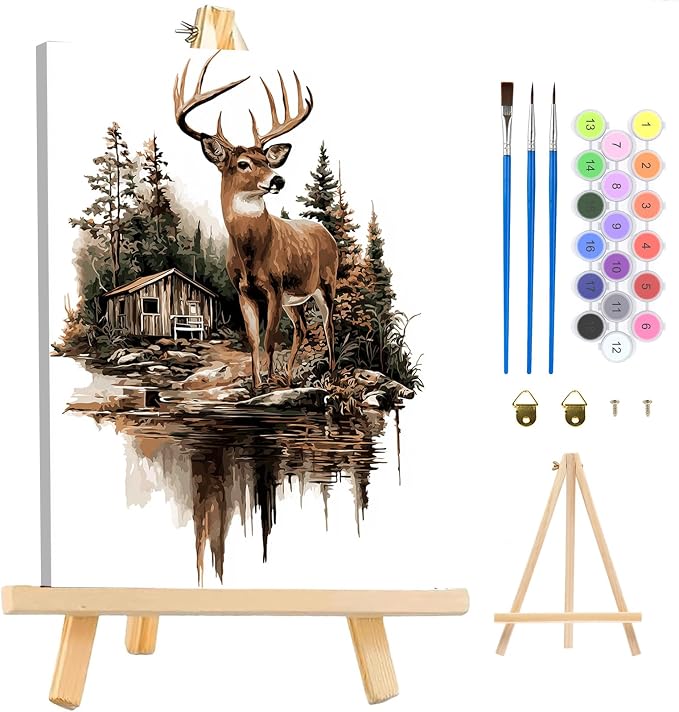 MAXBYE Framed Paint By Numbers Kits for Adults with Wooden Easel, DIY Deer Adult Paint by Number Kits, Oil Acrylic Paintings Kit for Beginners Gift Home Wall Garden Decor 10×14 Inch