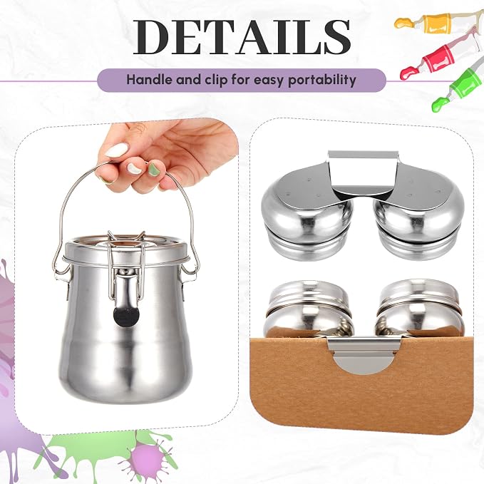 2 Pcs Paint Brush Cleaner Set with Cup, Airtight, Medium | Stainless Steel, Portable Brush Washer with Palette Cup, For Oil Painting And Acrylic Painting, Painting Accessories
