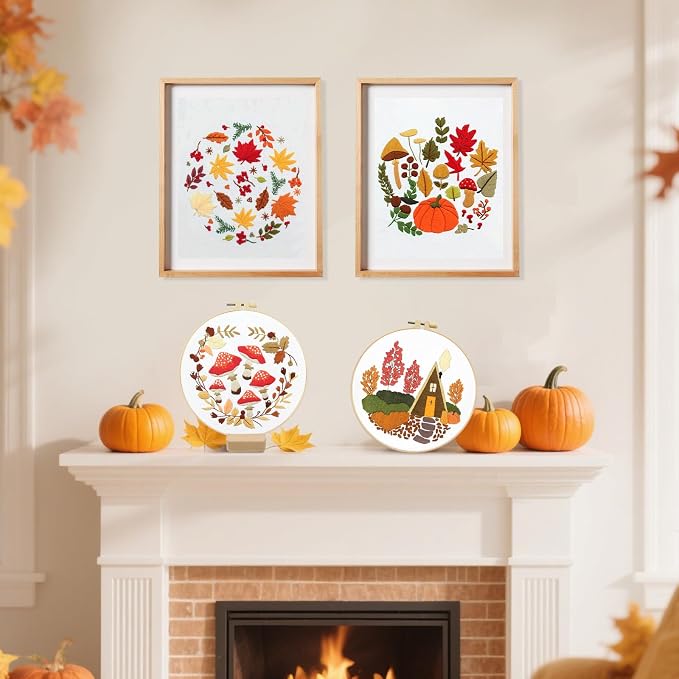 5 Sets Thanksgiving Fall Embroidery Kit for Beginners Adults Embroidery Starter Kit Mushroom Maple Leaf Cross Stitch Kits Embroiderys Needlepoint Kits Include Instruction 2 Hoops Color Threads Needles