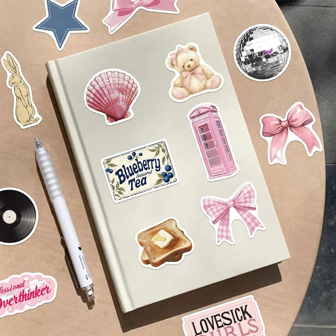 100pcs Vintage Pink Girls Stickers Coquette Pink Aesthetic Stickers for Water Bottles,Laptop Scrapbook Waterproof Computer Phone Guitar Aesthetic Decals