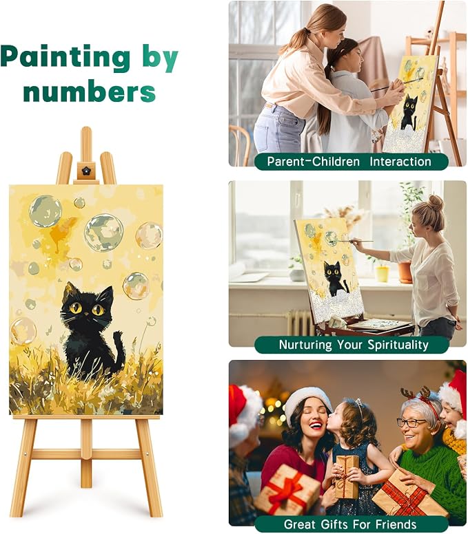 Framed Paint by Numbers Kit for Adults Beginner & Kids Ages 8-12, Black Cat Paint by Numbers with frame, without Easel, DIY Acrylic Number Painting for Adults Animal for Home Decor Gift 8 x 12 Inch