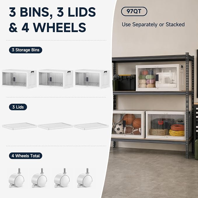 OlarHike 97QT Storage Bins with Lids for Closet, Garage, Shelves, 3 Pack | Multi-Lid, Lockable Cabinet, Large, Doors & Wheels, School, Office, Foldable Container, Stackable Organizers, Plastic Drawers