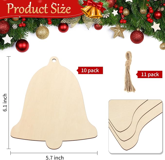 Large Size 7 inch Wooden Christmas Ornaments to Paint 10PCS, DIY Blank Bell Cutouts Unfinished Wood Ornament for Crafts Hanging Christmas Decorations, Wood Discs Ornament for Home Autumn Winter