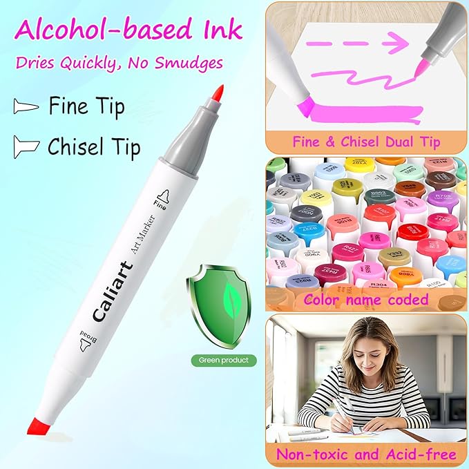 Caliart Alcohol Markers 41 Colors Fine & Chisel Dual Tip Coloring Markers | Permanent Sketch Art Markers Set for Beginners Artists Adult Coloring Books Drawing Illustration Painting School Art Supplies