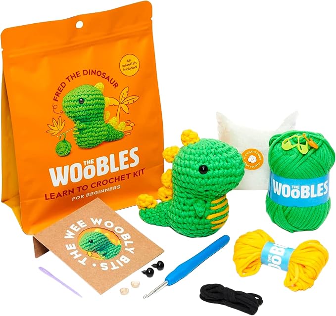 The Woobles Crochet Kit for Beginners (Fred the Dinosaur) | As seen on Shark Tank, Kit includes: Easy Peasy Yarn, pre-started piece, hook, safety eyes, stuffing, video tutorials
