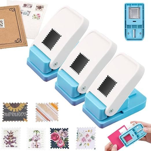 BAOFALI 3Pcs Stamp Puncher, 1X0.8inch Rectangular Postage Stamp Punch, Scalloped Rectangle Lever Action Paper Punches for Crafting Scrapbooking DIY Scrapbooking Journaling Card Making