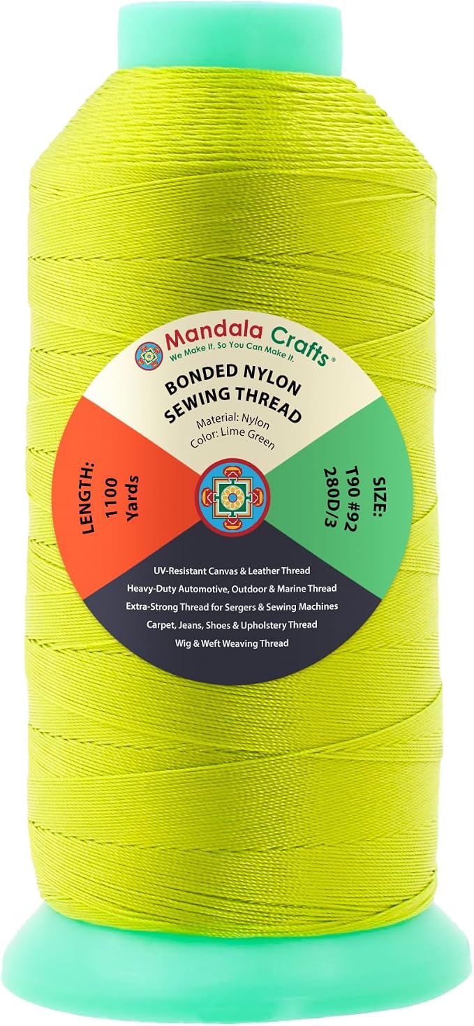 Mandala Crafts Size 92 280D T90 Lime Green Bonded Nylon Thread, 1100 YDs