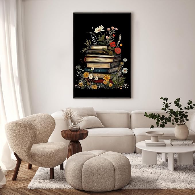 Framed Paint by Numbers Kit for Adults, Books & Wildflowers, 8 x 12 Inch | DIY Adult Paint by Number Kit for Beginners, Library Wall Decor, Stress Relief Craft Gift, Creative Hobby