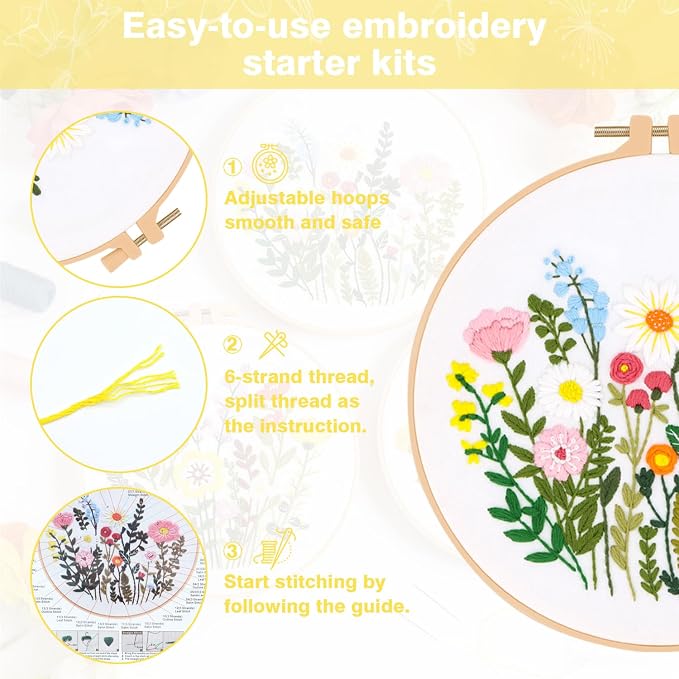 RidaaFri Embroidery Kit for Beginners, Set of 3 Flower Pattern Practice Kit | Adult DIY Hand Embroidery Cross Set with Step-by-Step Guide Video Tutorial Hoop Needles Floss, Complete Sewing Craft Supplies